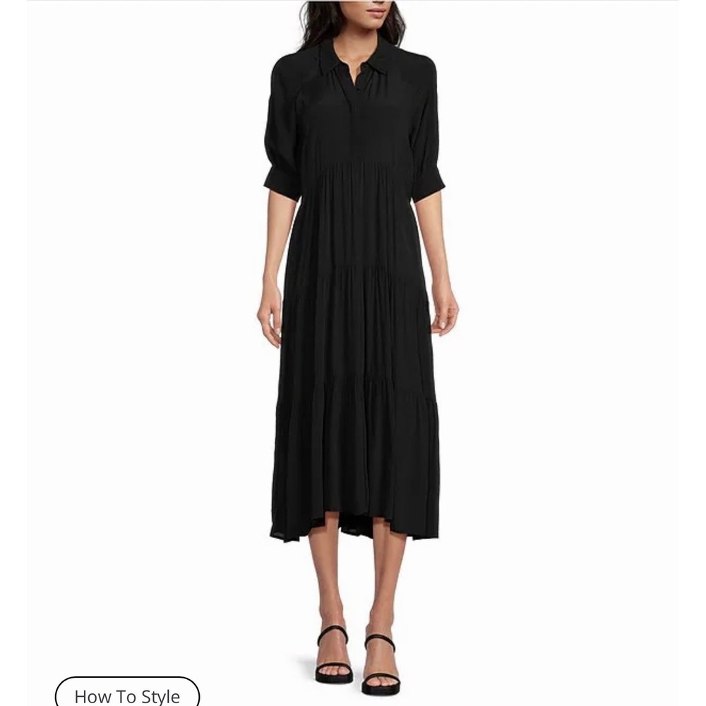 NEW A Loves A Women M Midi Dress Black Button Down Short Balloon Sleeve Tiered